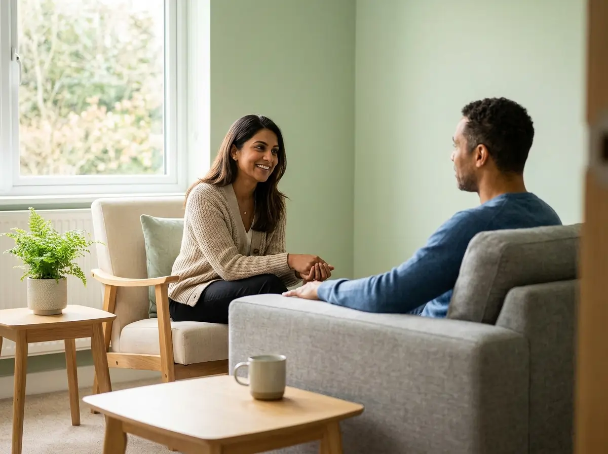 Person in a comfortable online therapy session from home